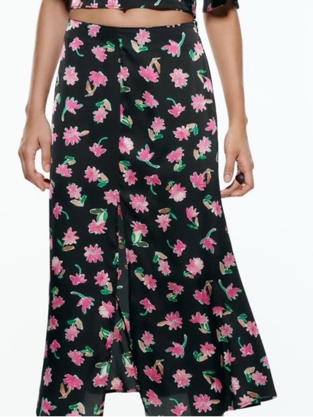 Zara Black midi Skirt with Pink Floral Print
